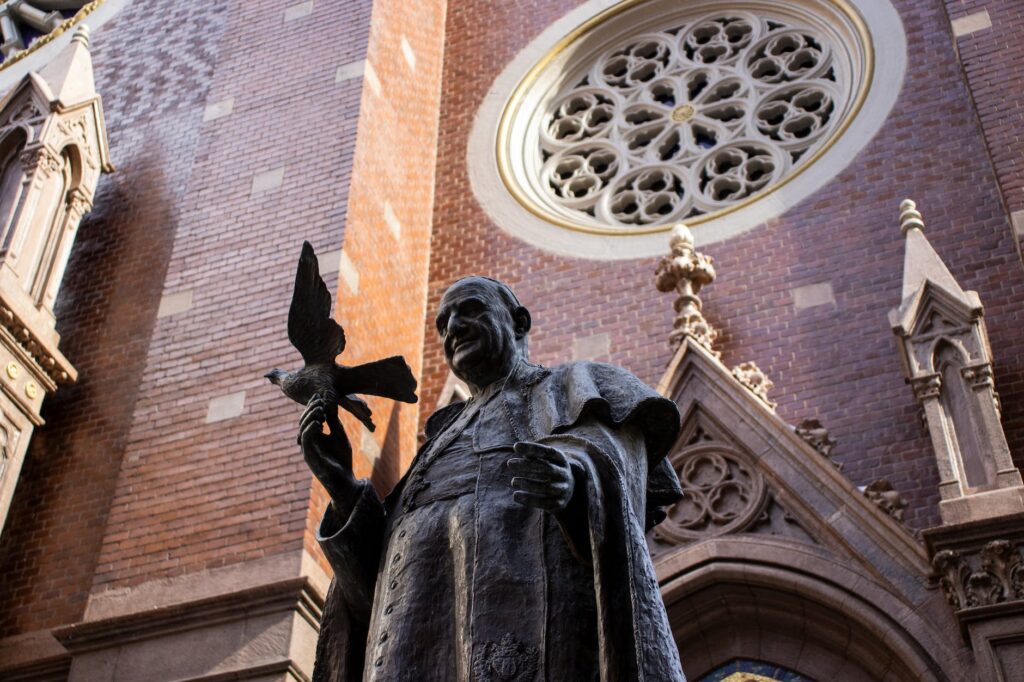 pope john xxiii statue in front of church of st anthony of padua basilica on istiklal avenue istanbul turkey